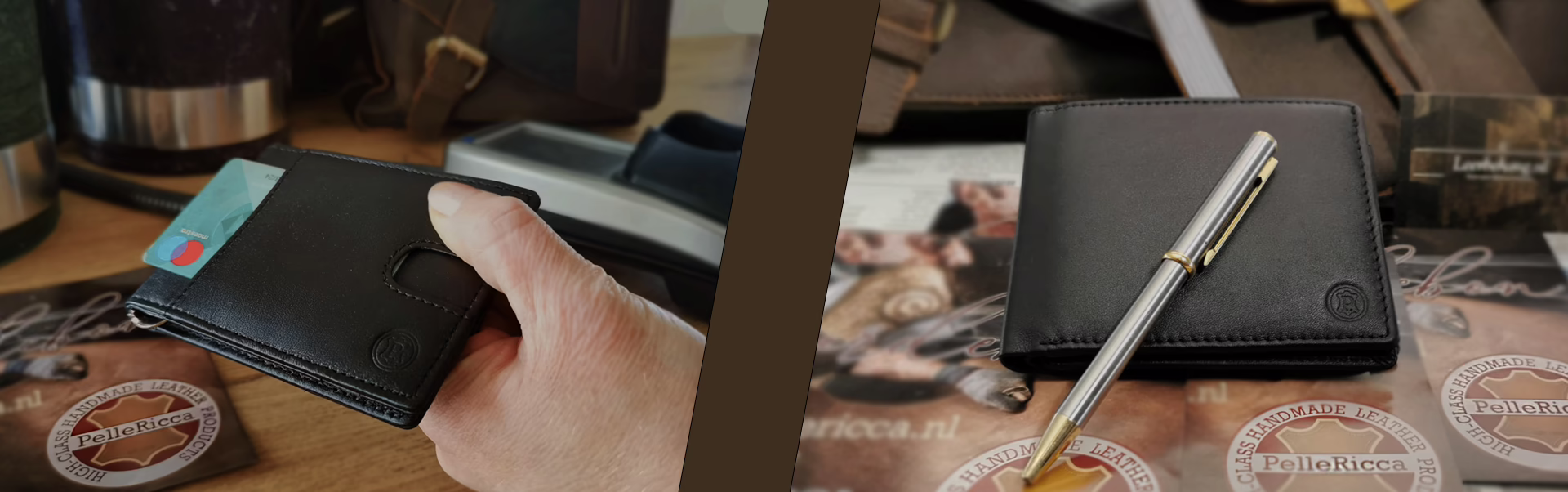 Leren portemonnees van PelleRicca op tafel met pen en kaarten